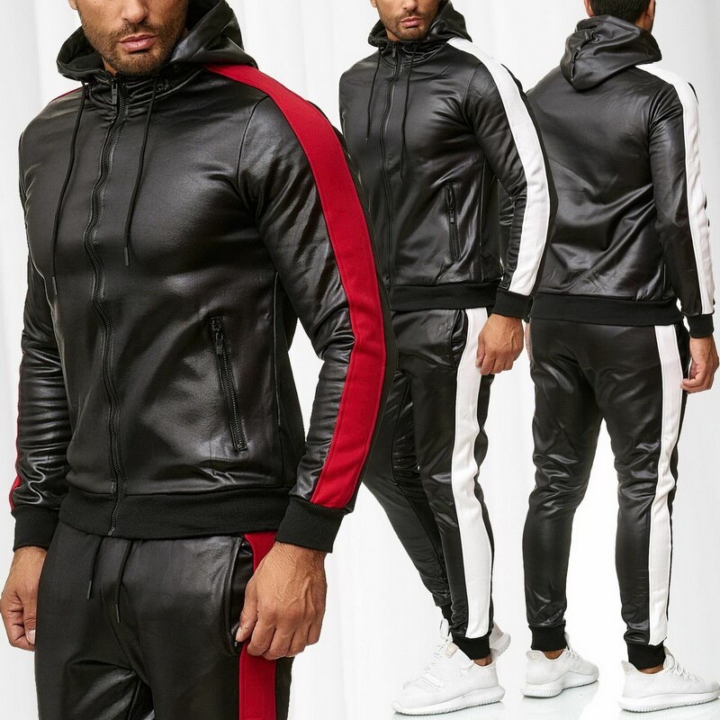 Herr pu läder vinter träningsoveraller män set tjocka hoodies dragkedja jackor byxor kostym sweatsuit herr hoodie sport kostym