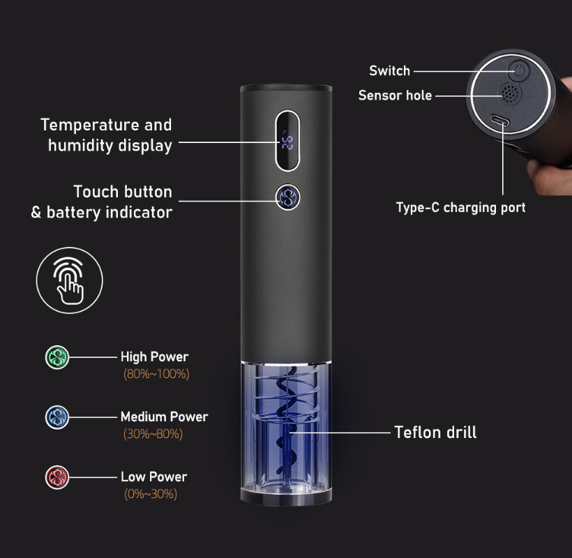 Temperature Humidity Display Rechargeable Electric Wine Bottle Opener Automatic Red Wine Corkscrew With Foil Cutter Box