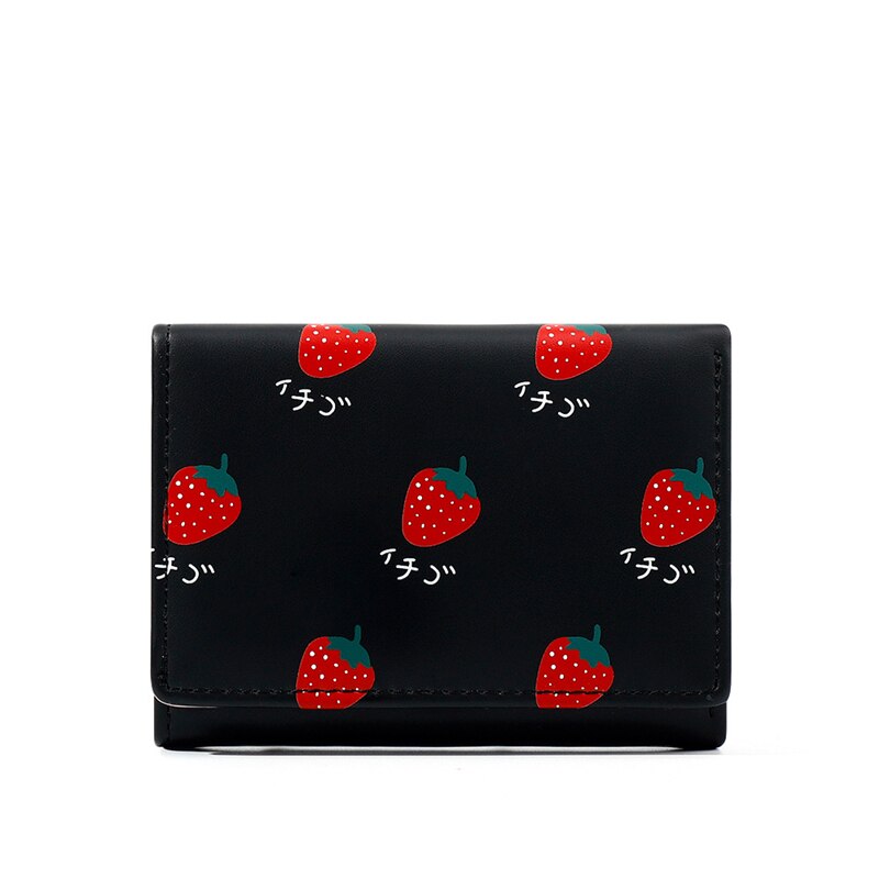 Purdored carteira feminina dobrável para cartões, carteira para cartões de visita feminina curta, bolsa de moedas simples de 1 peça: black  strawberry