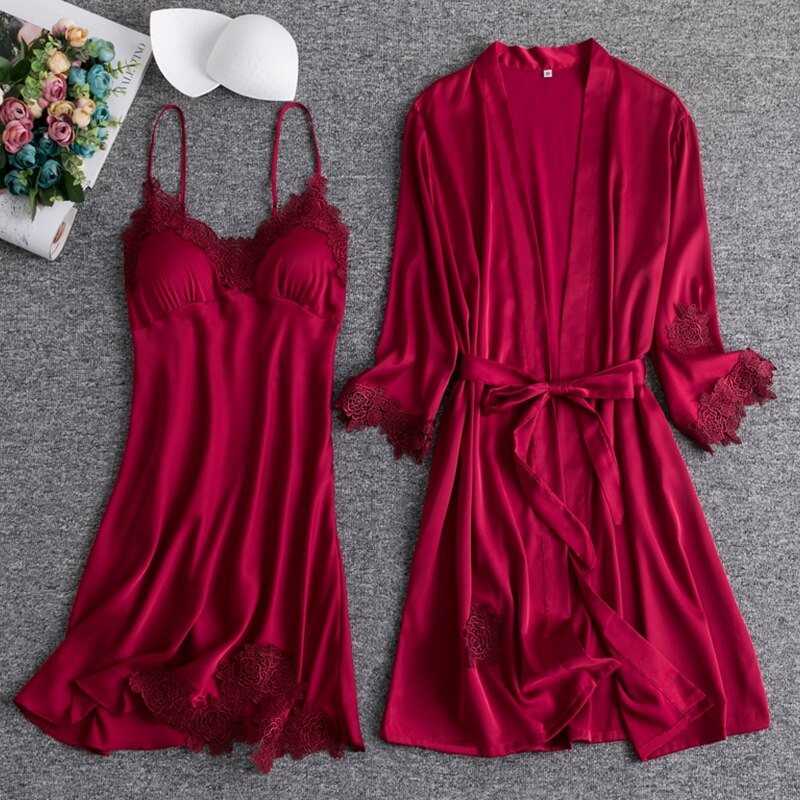 Pink Silk Rayon Nighty&amp;Robe Set Nightgown Sexy Lace Wedding Robe Sleepwear Spring Summer Kimono Bathrobe Gown Loose Home Dress: Burgundy Robe Set B / L