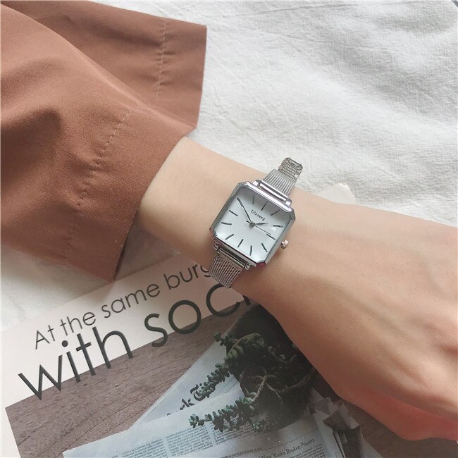 Montres en argent pour femmes, carré Vintage pour dames, Ulzzang, montre à Quartz décontractée avec bracelet en maille: Argent