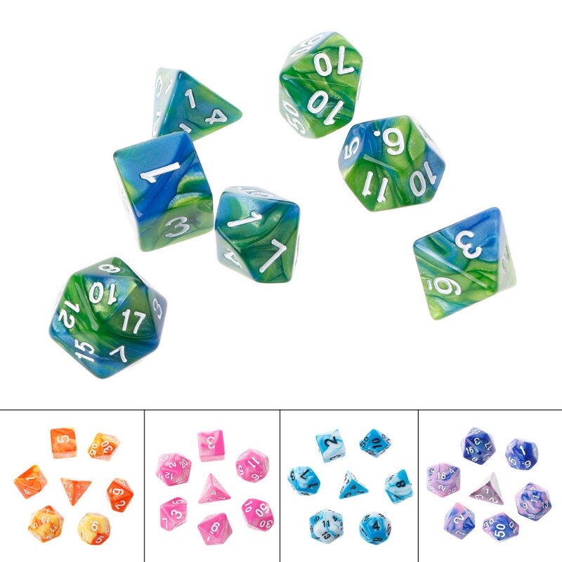 7pcs/set Polyhedron 2-color D&amp;D Dice with Marbled Effect D4 D6 D8 D10 D10% D12 D20 Black Red Blue Color Clear Playing Dice 27RD