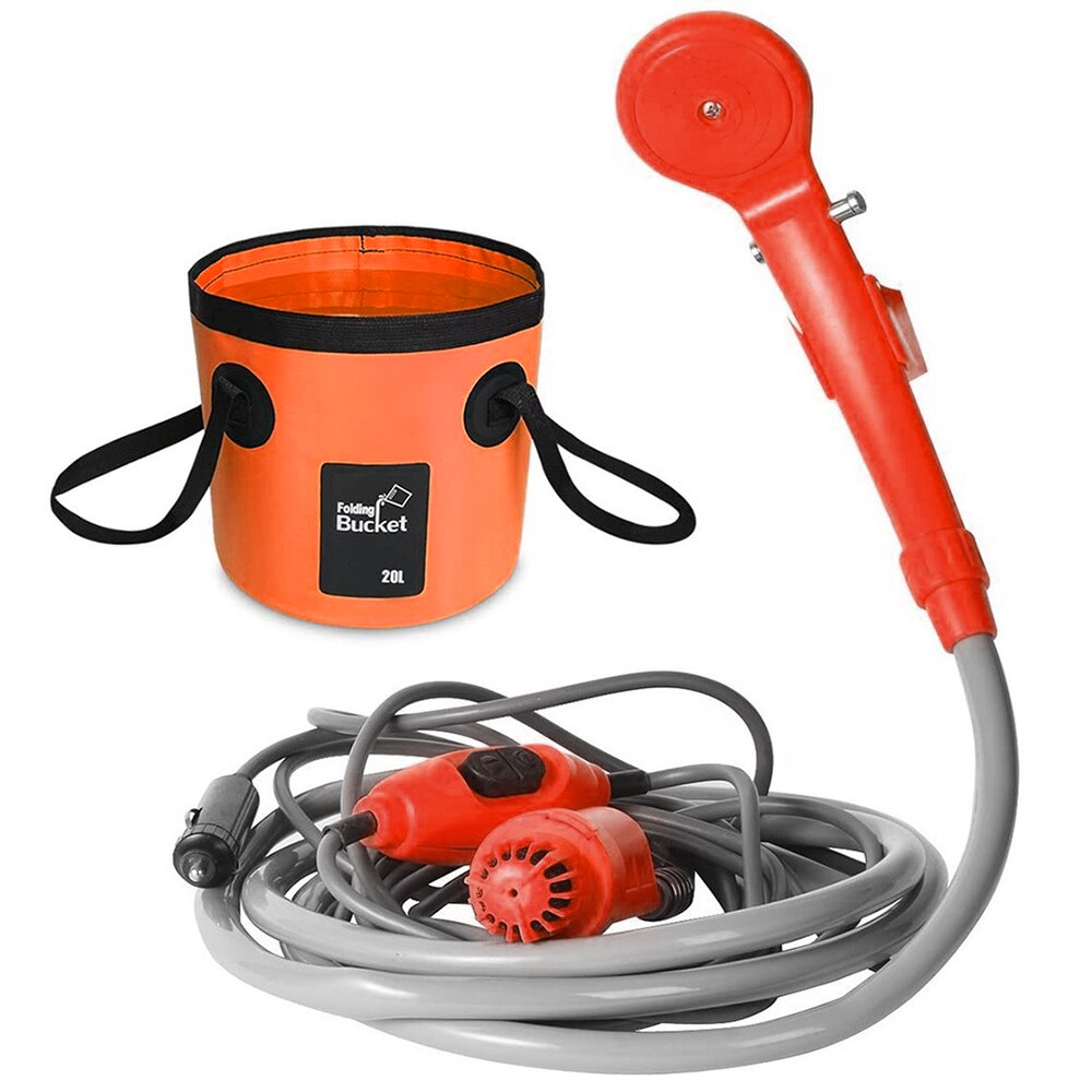 Cubo plegable eléctrico para ducha al aire libre, Kit de Ducha de Camping de 12V, para viaje, lavado de coche, Camping, senderismo, riego de plantas con flores: orange
