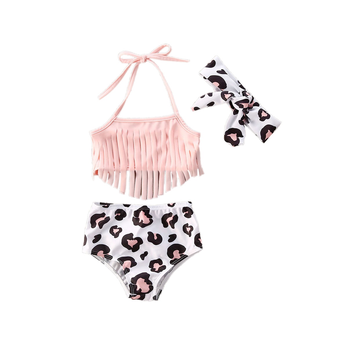 Ensemble de 0-3y maillots de bain pour bébé fille, avec pompons, licou, short, nœud, bandeau, 3 pièces, bikini d'été pour enfants, motif léopard et tournesol: Rose / 6m