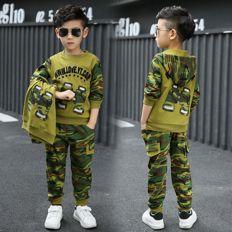 Drenge camouflage tøj sæt 3 stk til store børn hættejakke t-shirt bukse tøj jakkesæt 3 5 6 7 8 9 10 11 år: -en / 6