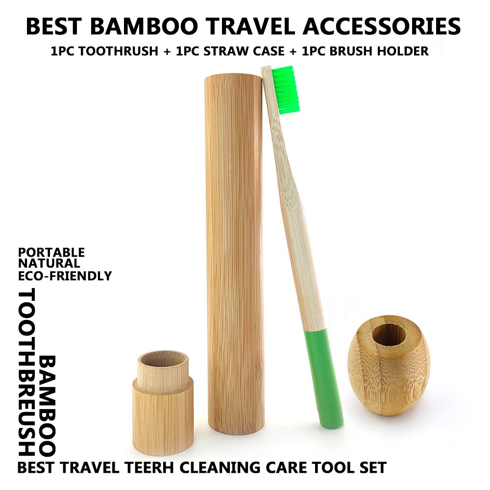 Colorful Column Bamboo Toothbrush Top Flat Portable Travel Set with Bamboo Tube Bamboo Case Natural Wooden Toothbrush Holder: SHINY GREEN