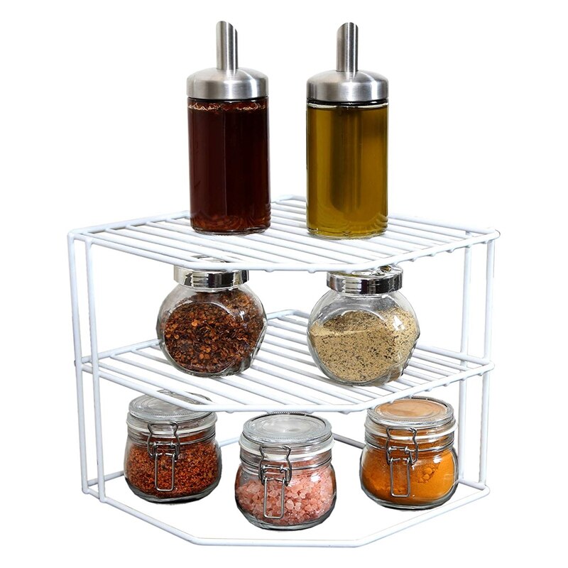 3-Tier Kitchen Corner Shelf Rack-Metal Frame-Rust Resistant Finish-Cups, Dishes, Cabinet &amp; Pantry Organization-Kitchen (9 x 8 In