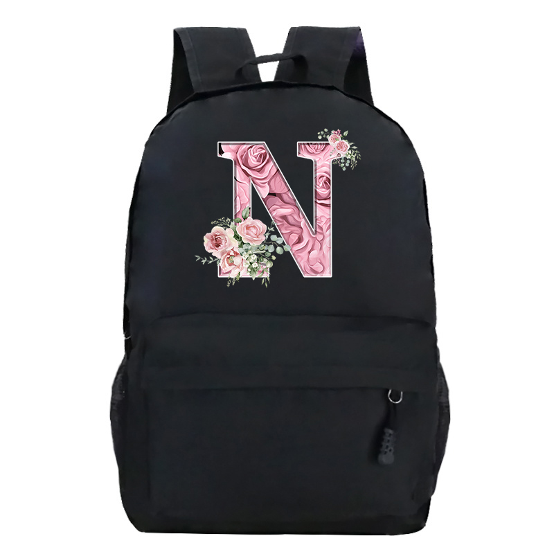 Pink Rose Alphabet Backpack Black Casual Women Aesthetics Rucksack Teenage Girl Boy Flower Letter School Bag Student Mochilas: Pink