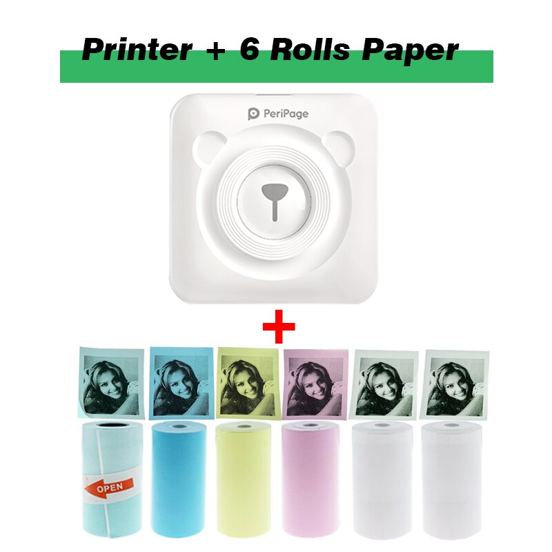 Peripage Portable Pocket Mini Photo Thermal Printer Wireless Sticker Printing Machine Free APP Support Multi-Language For Phone: White 6 rolls paper