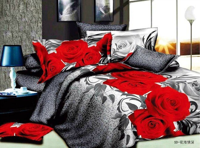 Parure de lit à motif Floral, Rose rouge et noire, ensemble pour literie Queen Size, couette non incluse: Rose
