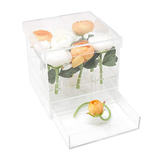 Acrylic Rose Flower Box Makeup Organizer Artificial Flower Bouquet Valentine's Day Wedding Decor Box: 9 Holes Drawer Box