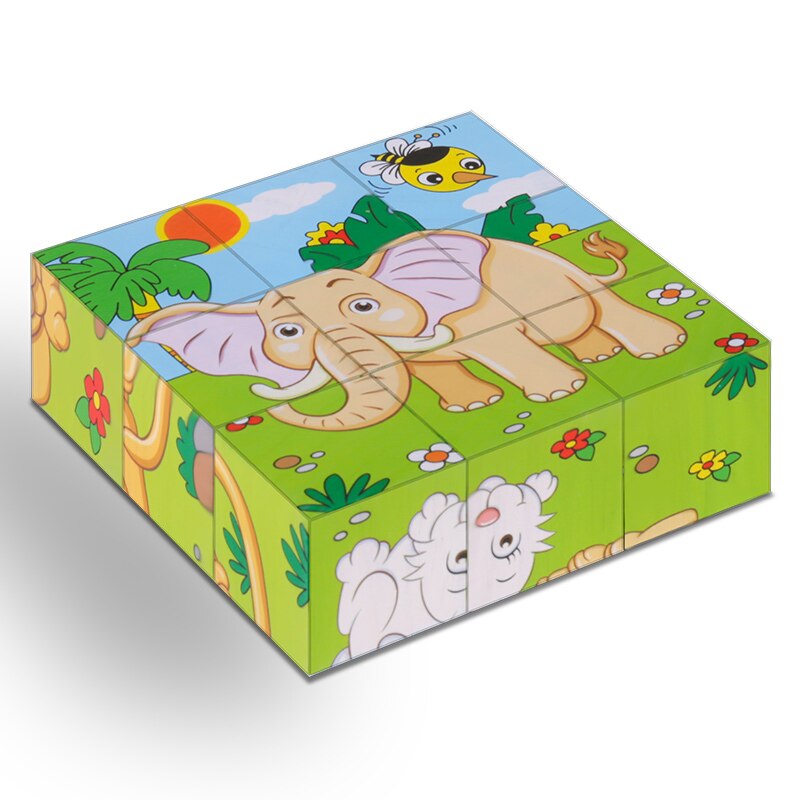 High Grade Six-face Picture Wooden Jigsaw 3D Puzzle Toys Children's Early Educational Toy Cube Jigsaw Puzzle Baby Kids: Forest -Elephant