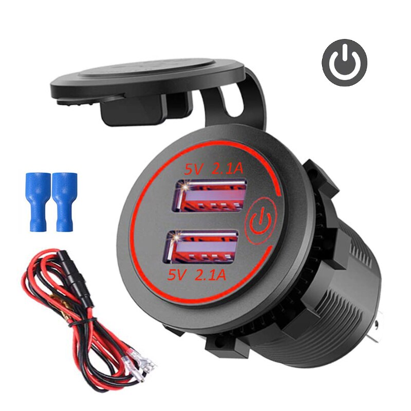 4.2A Dual USB Fast Charger Socket Power Outlet with Touch Switch Waterproof Charger Socket for Car Marine Boat Motorcycle Truck: Red add wire