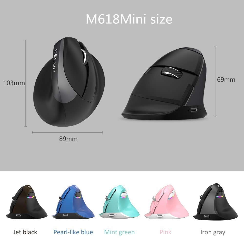 Delux M618 Mini BT+USB Wireless Mouse Silent Click RGB Ergonomic Rechargeable Vertical Computer Mice for Small hand Users