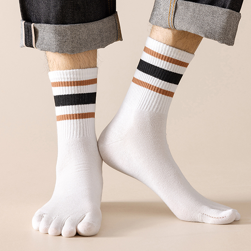 Calcetines de cinco dedos para hombre, calcetín medio informal cómodo de algodón antiolor con cinco dedos de corte bajo a rayas, calcetines deportivos de