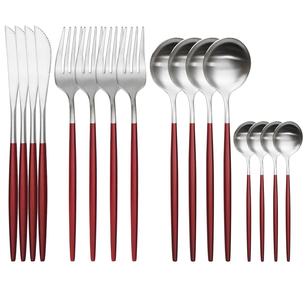 4Set/16Pcs Red Gold Dinnerware Cutlery Set Western Knives Fork Tea Spoon Dinner Tableware Stainless Steel Kitchen Silverware Set: Red Silver