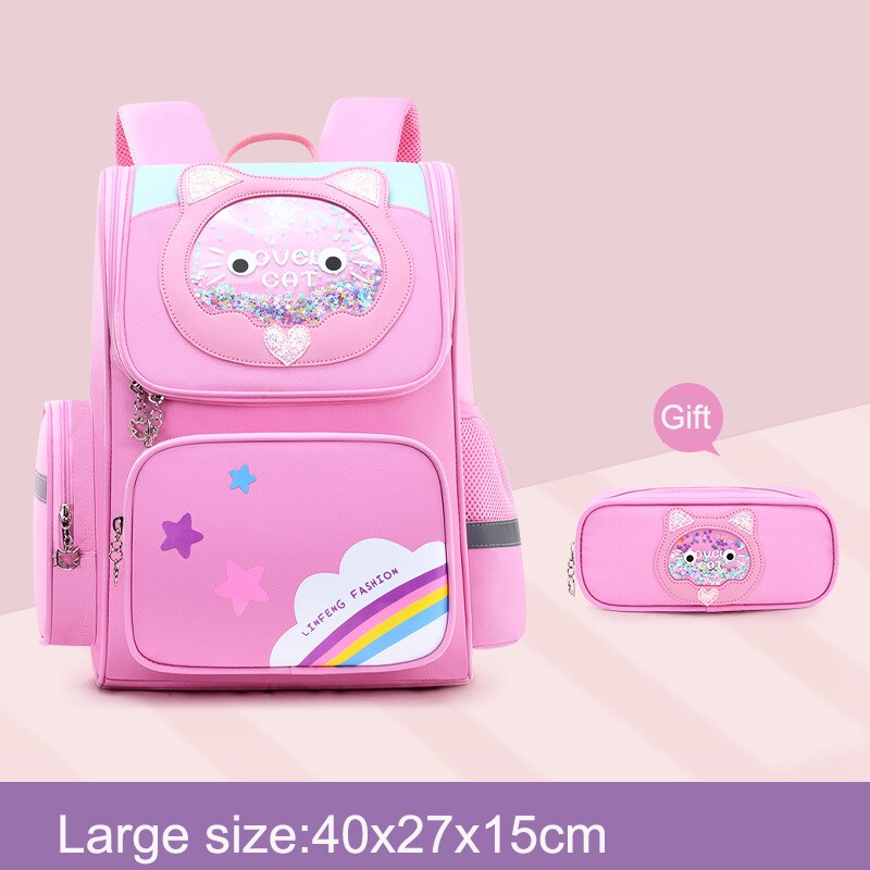 Kinderen Schooltassen Voor Meisjes 6-12 Jaar Kinderen 3D Cartoon Rugzakken Schooltas Knapzak Kids Schooltas Mooie Kat rugzakken Meisjes: Large pink