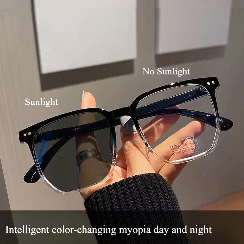 Photochromic Myopia Glasses Man Woman Square Anti Blue Light Finished Prescription Eyewear Ultralights Retro Glasses: black / +300