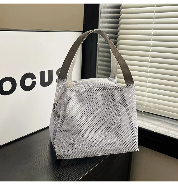 Makeup Bag Large Capacity Zip Mesh Bags with Handl Travel Lunch Bag Portable Storage Bags Travel Beach Swimming Wash: black