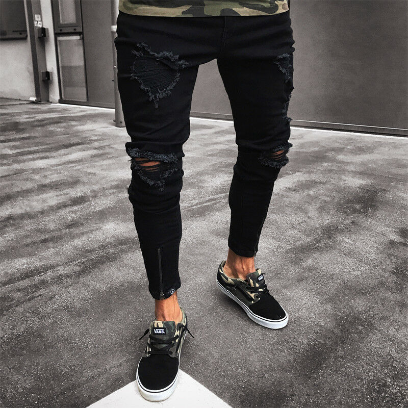 Herre seje sorte rippede skinny jeans ødelagt flossede slim fit denim bukser lynlås hop hop bukser huller til mænd