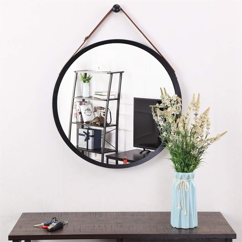 Miroir mural rond suspendu dans la salle de bain et la chambre - cadre en bambou massif et sangle en cuir réglable (noir , 15 pouces)