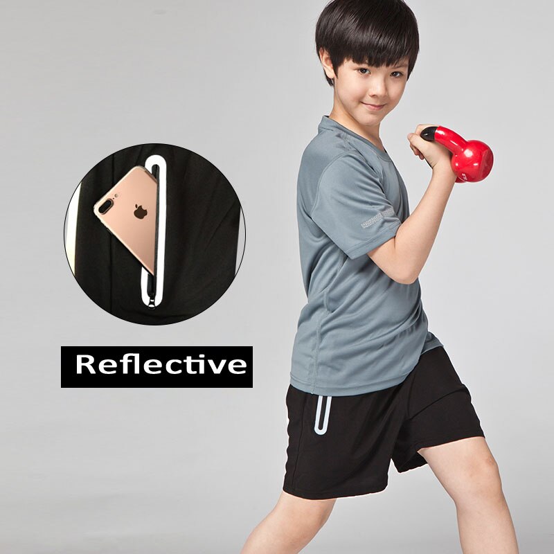 Drengebørn elastisk gym træning løbeshorts træning fodbold tennis solid sport bodybuilding shorts med lynlåslommer reflekterende