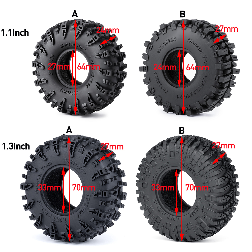 AXSPEED 4 pièces 1.3 "pneus en caoutchouc, 1.1 pouces pneus de roue de Terrain de boue pour 1/18 1/24 Micro chenille TRX4M Axial SCX24 FMS FCX24 pièces