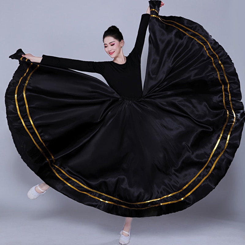 Svart traditionell spansk flamenco kjol zigenare kvinnor dans dräkt randig satäng slät stora gung kjolar mage kläder  dl5156