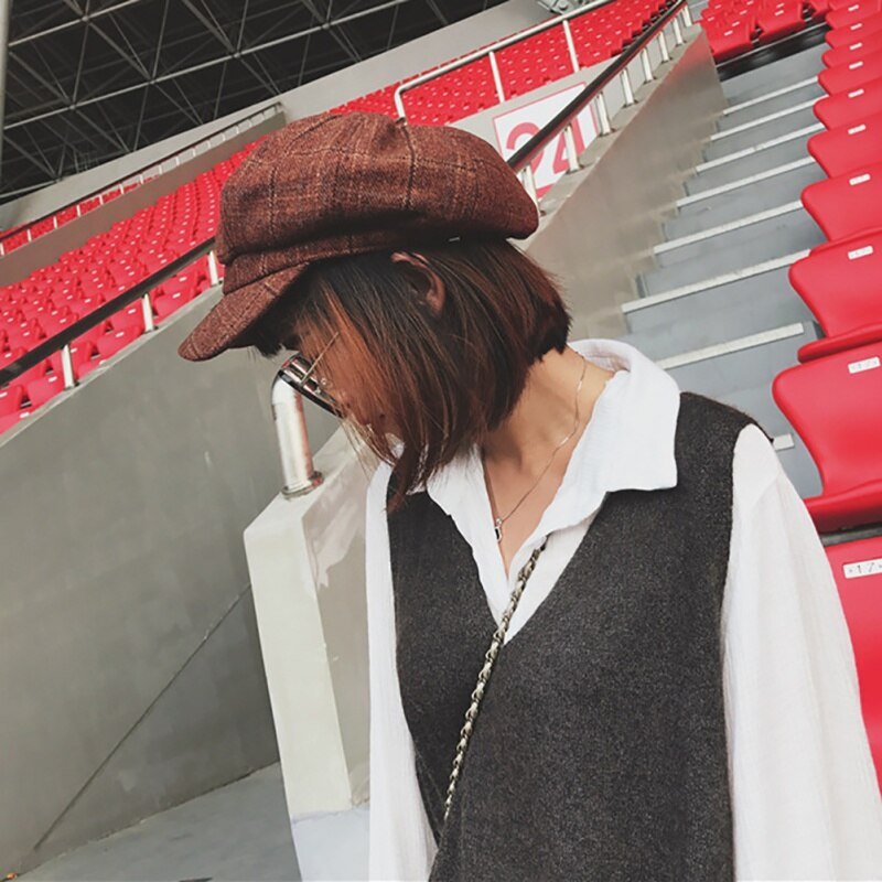 Rutig basker kvinnor utomhus sport springa mössa höst och vinter män stilig åttkantig mössa retro brittisk emalj målare hatt