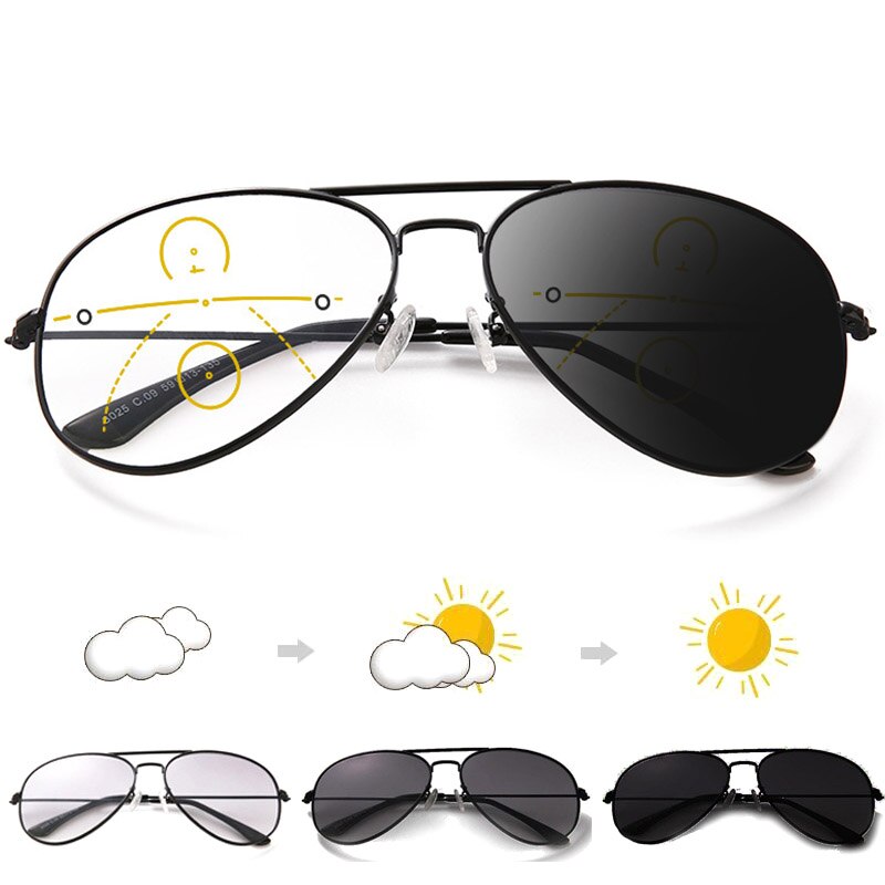 Men's Command Aviator Reading Glasses Progressive Multifocal Photochromic sun Read Eyewear with diopter +2.5 transparent lenses