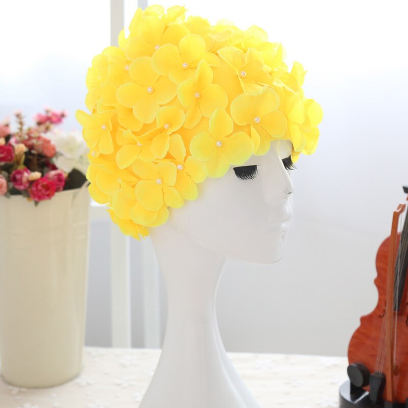 Sombrero de baño con pétalos 3D para mujer, gorro de baño con flores para piscina, novedad de: YELLOW