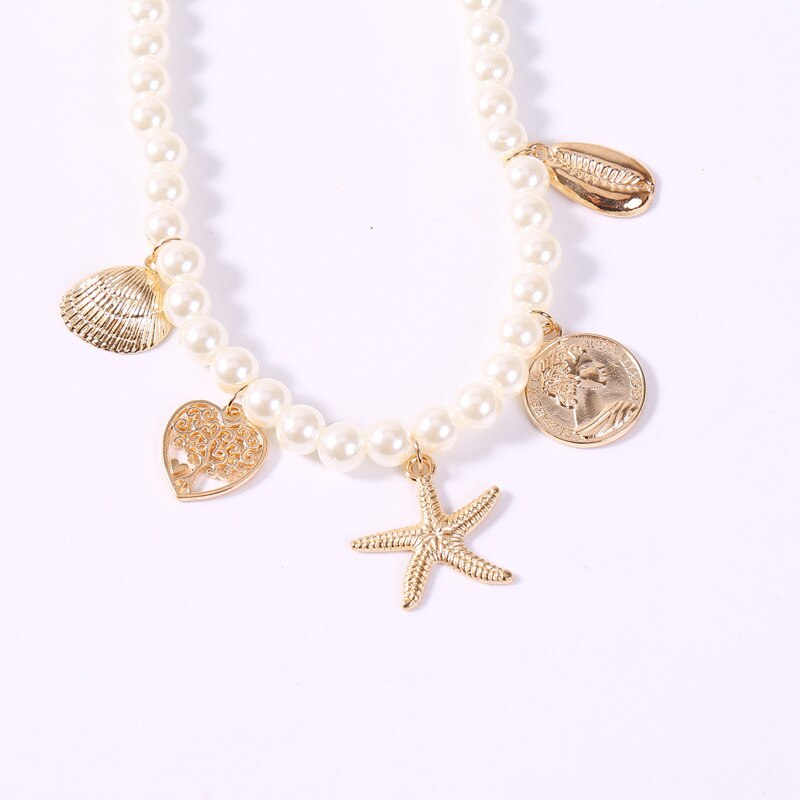 KMVEXO Bohemian Shell Hoofd Lock Ronde Gesimuleerde Parel Kralen Choker Ketting voor Bruiden Vrouwen Vrouwelijke Bruids Bruiloft Sieraden: Shell Head Star