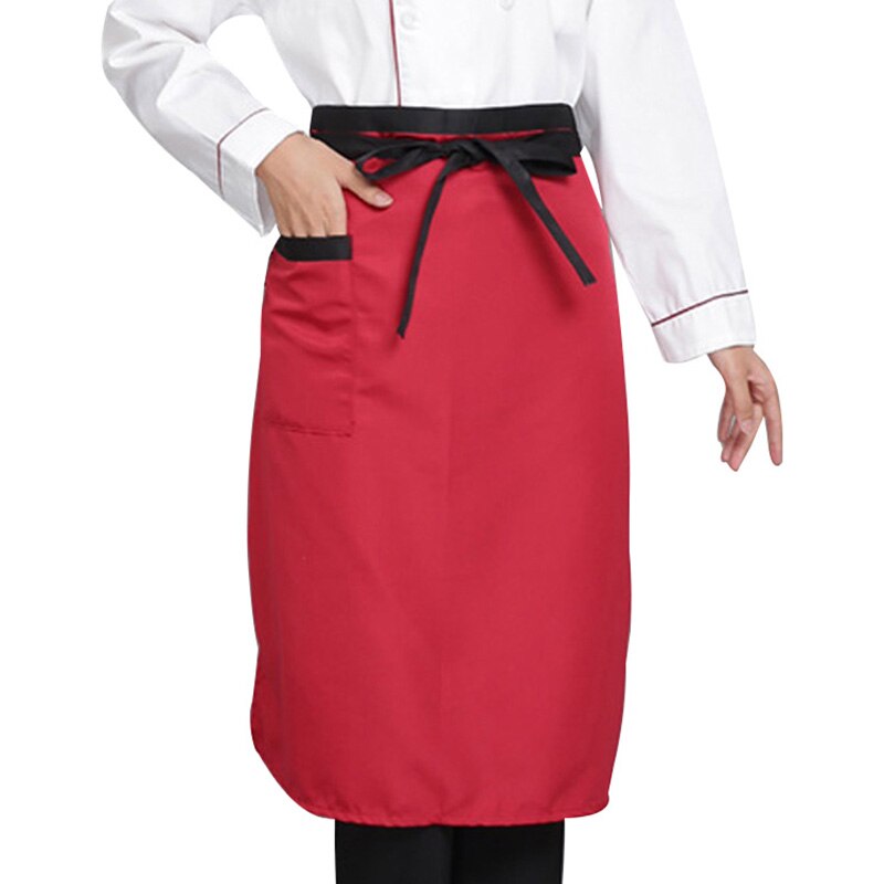 Kokkeforklæde uniformsforklæder til hotelrestaurant halvtalje tjenerforklæde med lommer justerbar køkken kokkeforklæde madservice: Rød