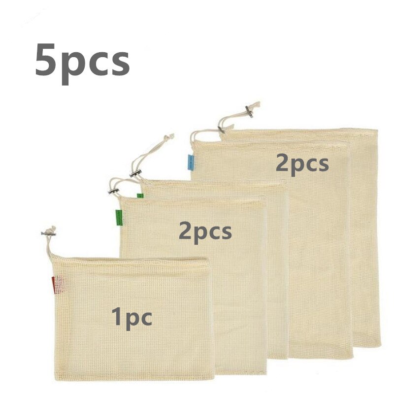 Herbruikbare mesh-productentassen, eco-superieure dubbel gestikte stoffen trekkoord mesh-tas voor het winkelen voor fruit, groenten en reizen: Aset 2