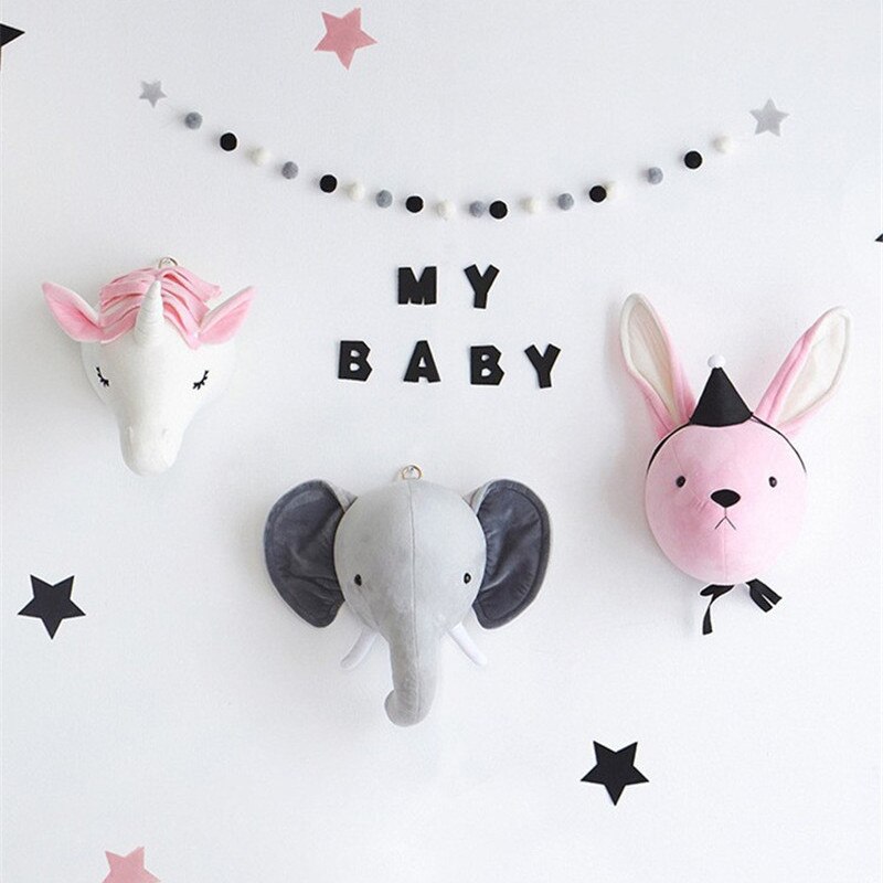 Têtes d'animaux en peluche, décoration murale d'éléphant et de licorne pour enfants, jouets en peluche pour bébés filles, anniversaire de noël, décoration de chambre d'enfant