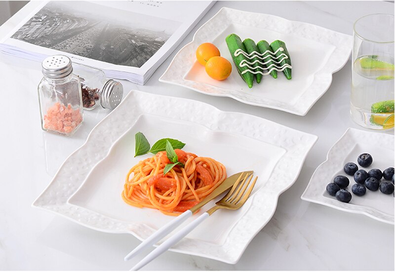 3pcs set, 6+8+10inch, plain white embossed porcelain kitchen plates sets, ceramic square servies borden, wedding buffet dishes