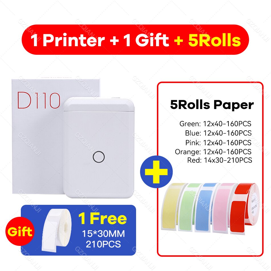 Niimbot  d110 etiketprinter mini klistermærke papirrulle transparenter trådløs bluetooth telefonprinter etiket prisskilt udskrivning etiket: Tilføje 5 farver