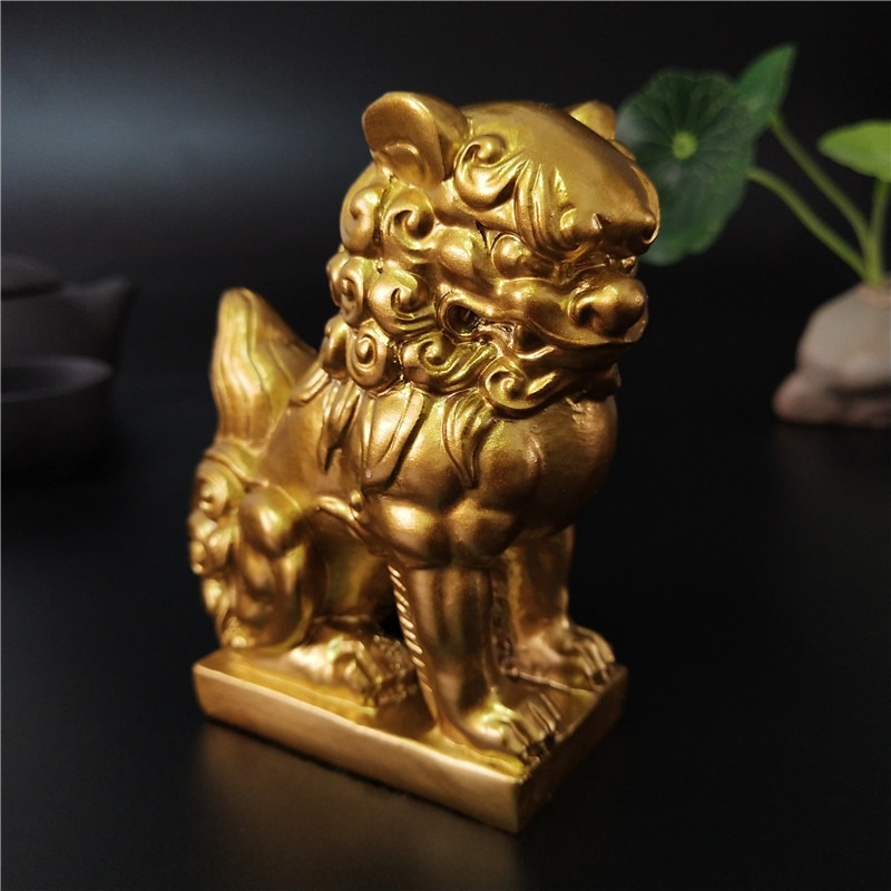 2 stk gylne kinesiske løver statue skulpturer dyr figurer feng shui ornamenter håndverk hage dekorasjon statuer for hjemmet