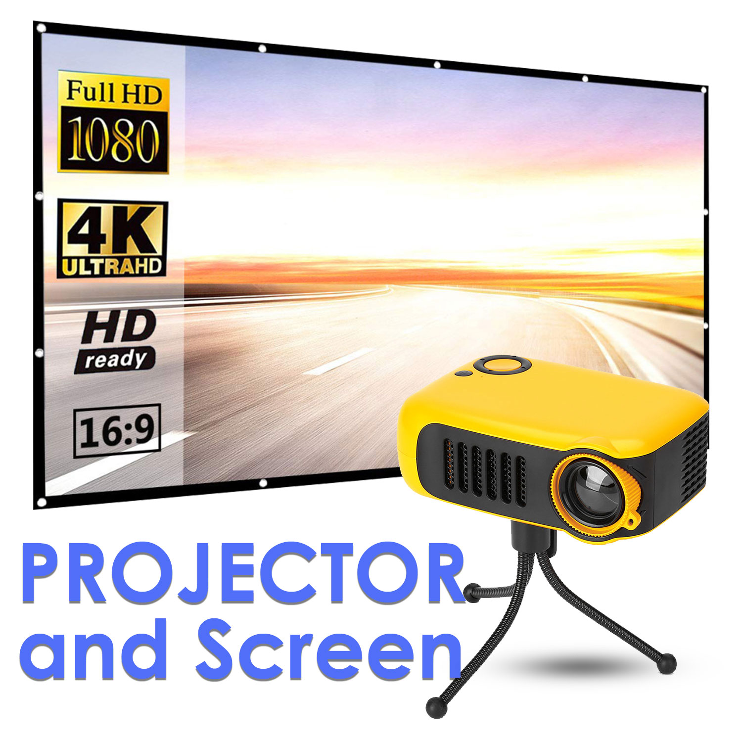Mini proyector A2000 portátil y pantalla plegable para proyector, 320x240p, compatible con tarjeta Micro SD HDMI de 1080P con pantalla de 100/120 pulgadas