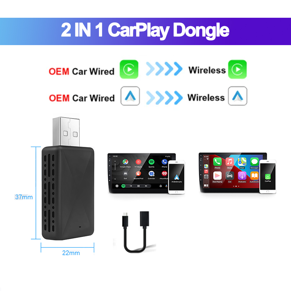 Adaptateur CarPlay Android Auto filaire vers sans fil, stéréo de voiture OEM avec USB Plug and Play, 2 en 1: Default Title