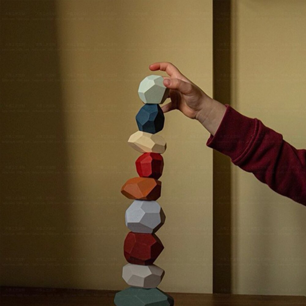 Wooden Stacking toy Montessori Toy Block Colored Stone Rocks Stones Tumi Ishi Wood Balancing Stacked Stones