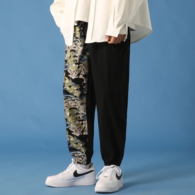 Męskie letnie japońskie spodnie haremowe w stylu narodowym patchworkowe biegaczy w stylu chińprzejrzeć plus rozmiar spodnie robić biegania męskie spodnie