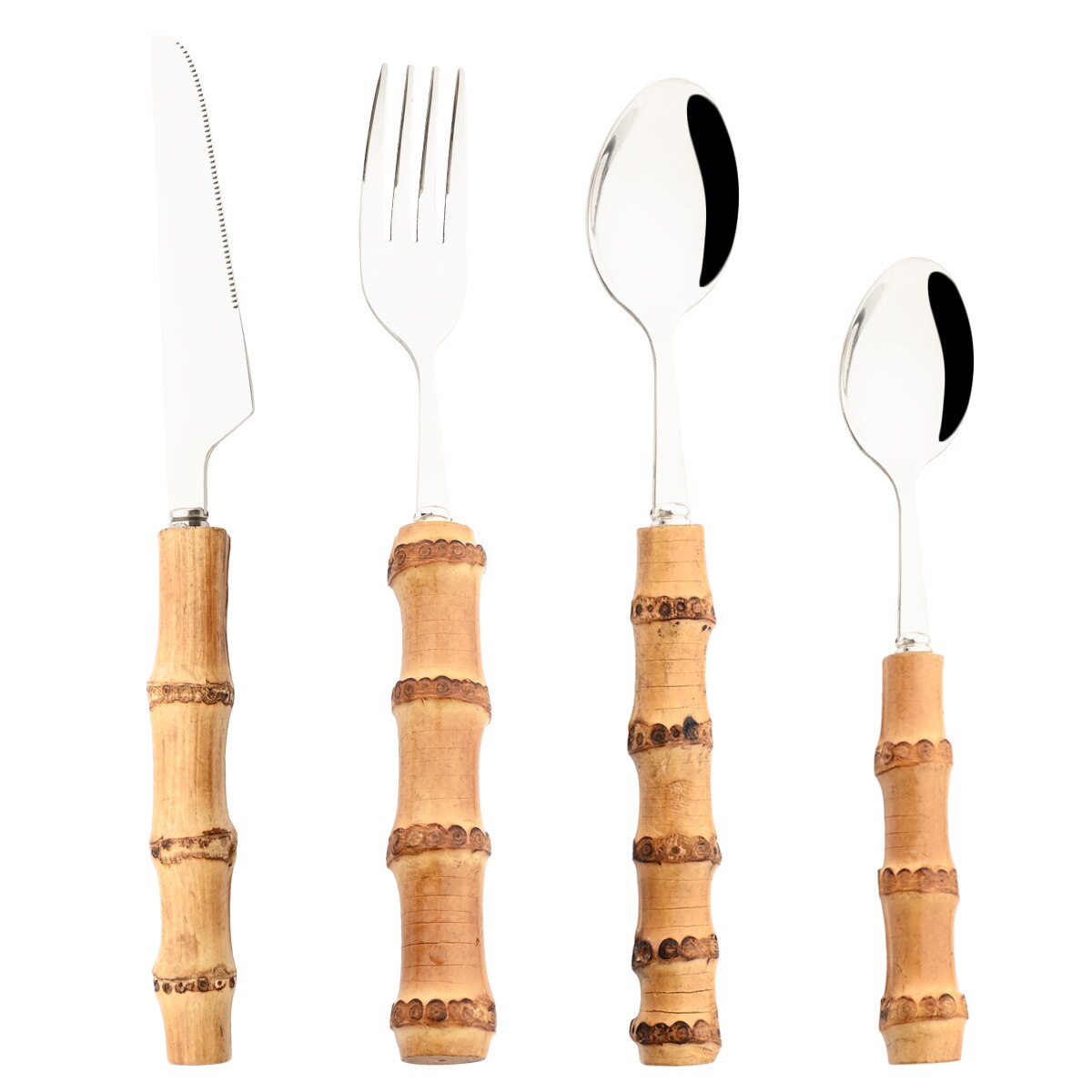 Bamboo Handle Cutlery Set Steak Knife Fork Coffee Tea Spoon Tableware Set Mirror Stainless Steel Flatware Kitchen Dinnerware Set: 2Set / Silver