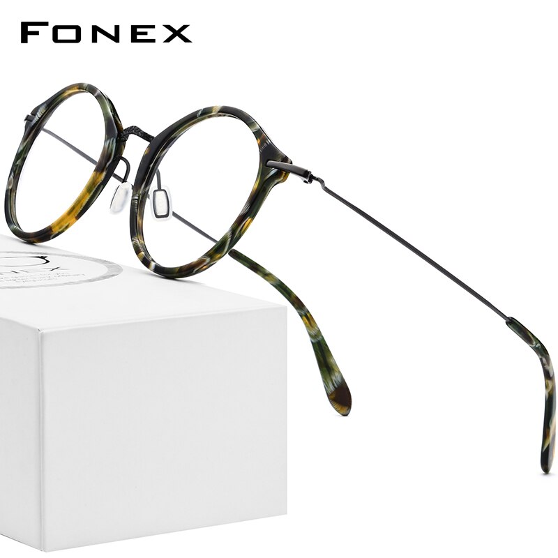 Monture de lunettes optiques fonex b en titane pour femmes, lunettes de vue rondes vintage pour hommes, lunettes en acétate pour myopie , 852: Léopard vert