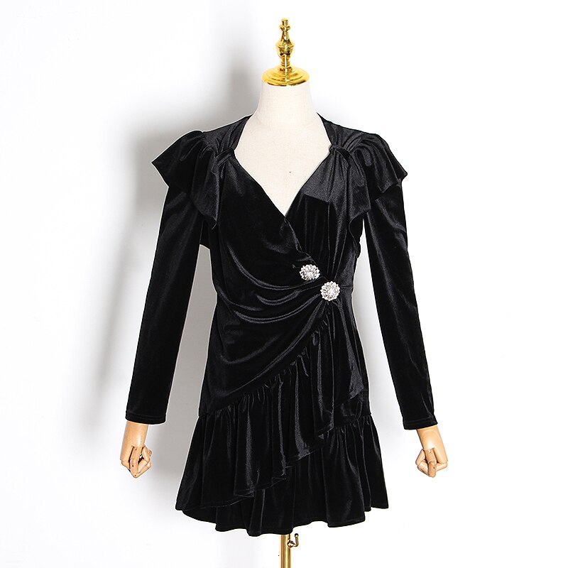 VGH Patchwork diamante Ruffle vestido de mujer cuello en V manga larga alta cintura vestidos para mujer otoño ropa
