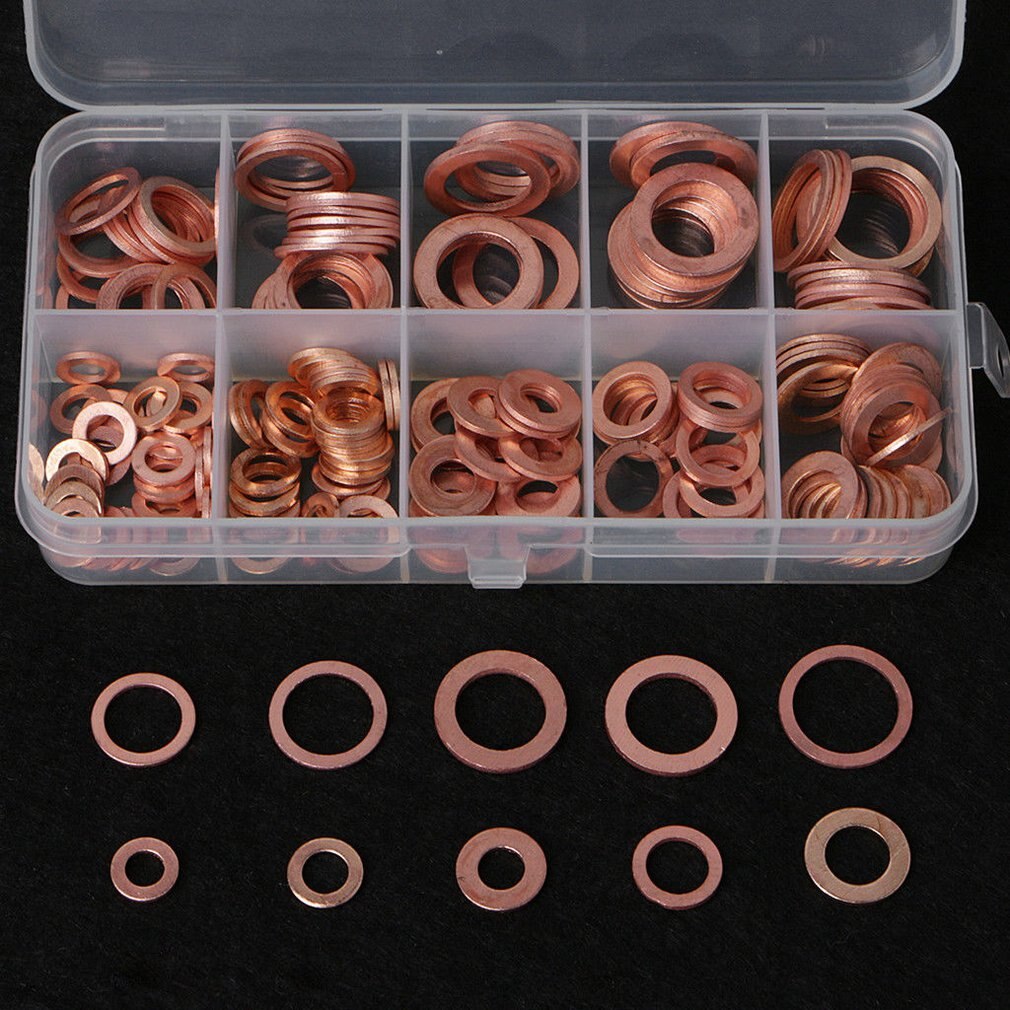 200Pcs Copper Washer Gasket Nut and Bolt Set Flat Ring Seal Assortment Kit With Box M5/M6/M8/M10/M12/M14 for Sump Plugs Water