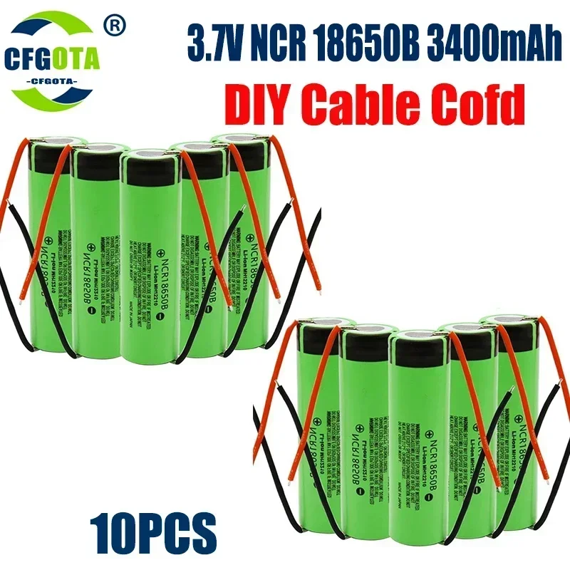 10 STÜCK 100 % Original 18650 Akku 3400 mAh 3,7 V Lithium-Akku NCR18650B Geeignet für Taschenlampenbatterie + DIY-Draht: Rosa
