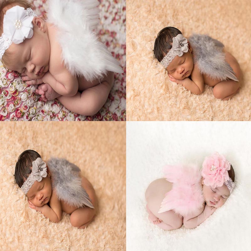 Pasgeboren Fotografie Props Infant Baby Meisjes Jongen Angel Feather Wings Feather Photo Prop Vleugels Hoofdband Kleding Haarband