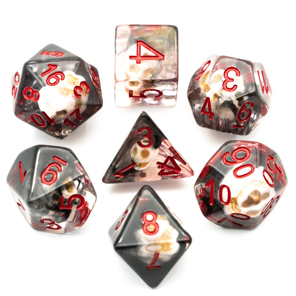 7 pçs/pçs/set crânio dnd dados d & d dados d4 d6 d8 d10 d % d12 d20 jogos poliédricos conjunto de dados para jogos de mesa mtg rpg: Skull Black Silk