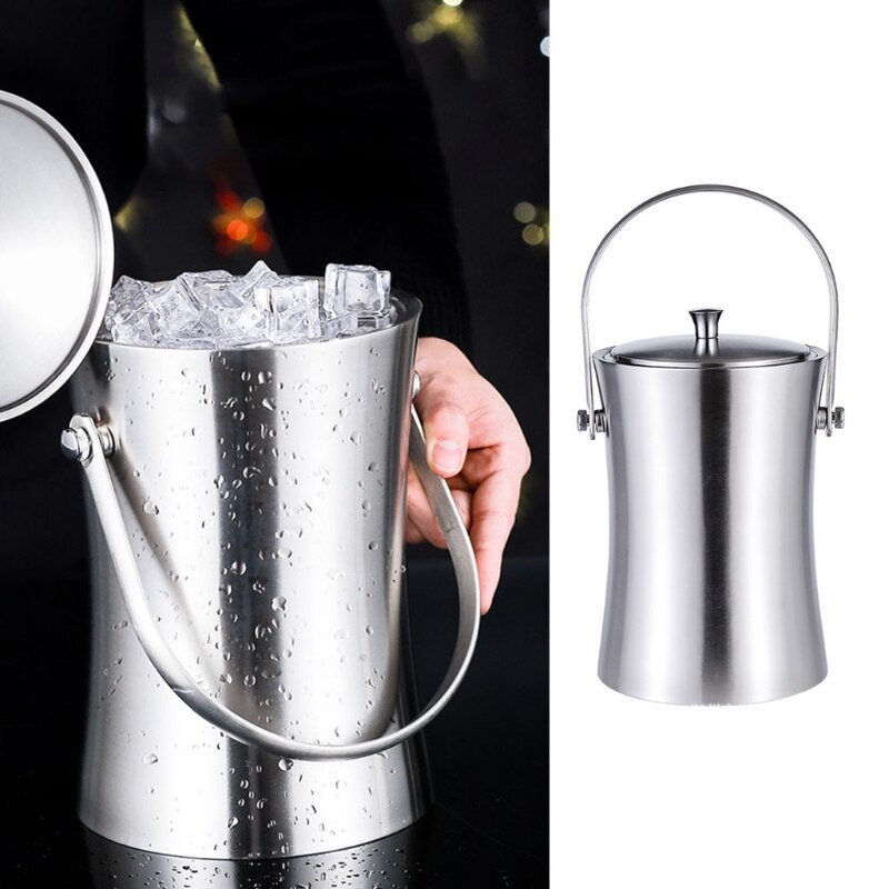 896A Stainless Steel Ice Cube Container with Lid and Tongs Champagne Cooler Ice Bucket Silver Matt Double-Walled Insulated Ice